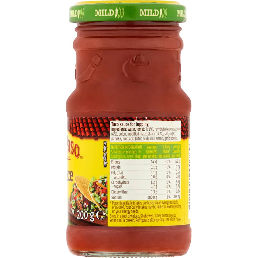 Old El Paso Mexican Taco Sauce Mild bottle, featuring rich flavors, zesty tomatoes, and gluten-free ingredients for versatile meals.