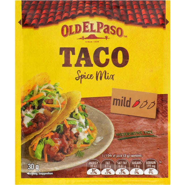 Old El Paso Mexican Taco Seasoning Mix, featuring spices like cumin and oregano for easy, flavorful taco meals.