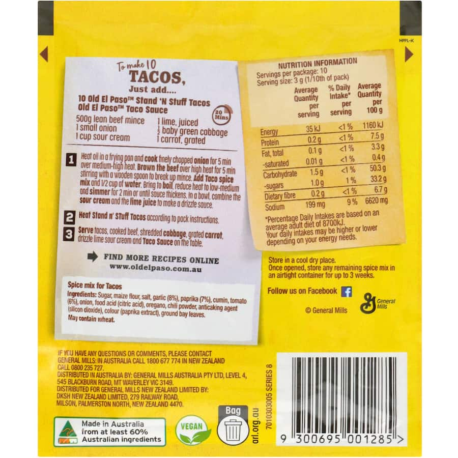 Old El Paso Mexican Taco Seasoning Spice Mix enhances tacos with rich spices like cumin, tomato, and oregano for easy meal prep.