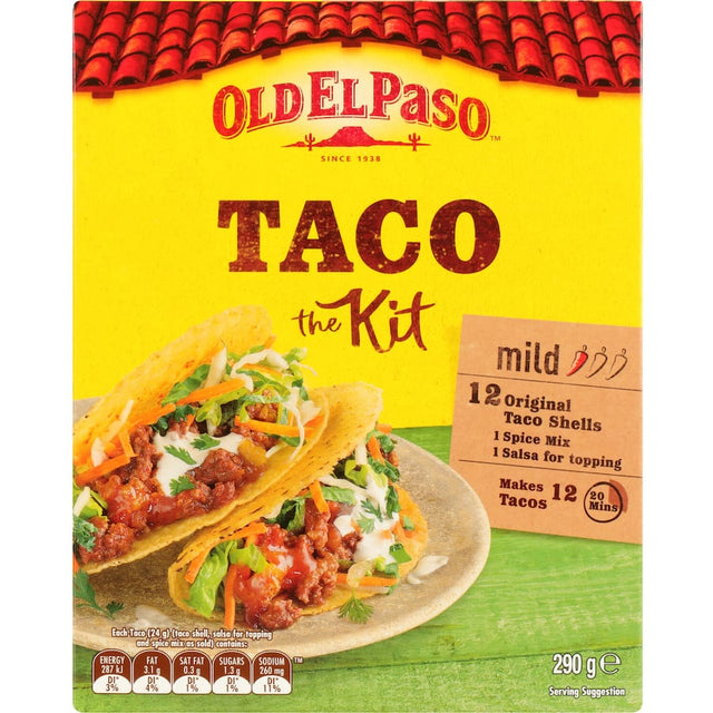 Old El Paso Taco Dinner Kit with 8 burrito tortillas, seasoning, and sauce for quick, flavorful meals in 20 minutes.