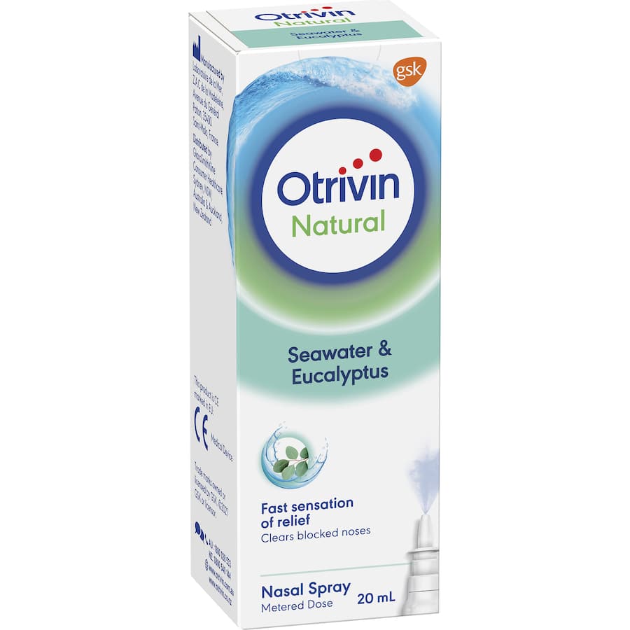 Otrivin Natural Nasal Spray with seawater and eucalyptus for natural relief from nasal congestion and easy breathing.