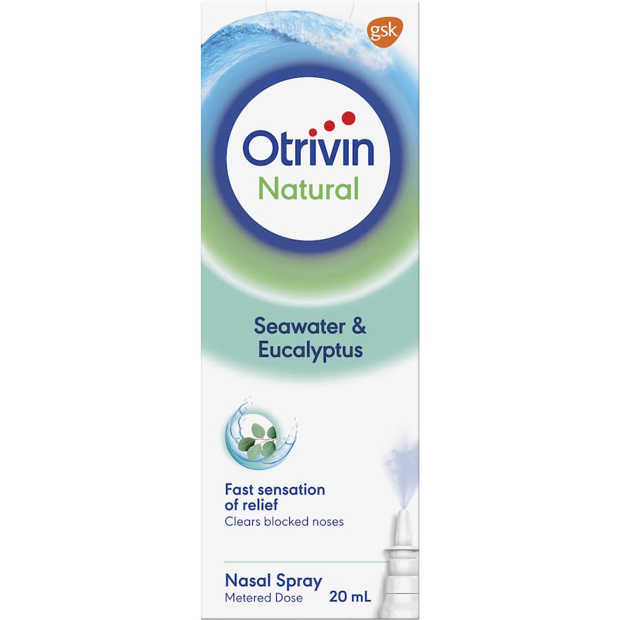 Otrivin Natural Nasal Spray featuring seawater and eucalyptus provides soothing relief from nasal congestion and enhances breathing.