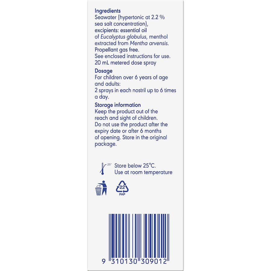 Otrivin Natural Nasal Spray with seawater and eucalyptus for quick, natural relief from nasal congestion and easy breathing.