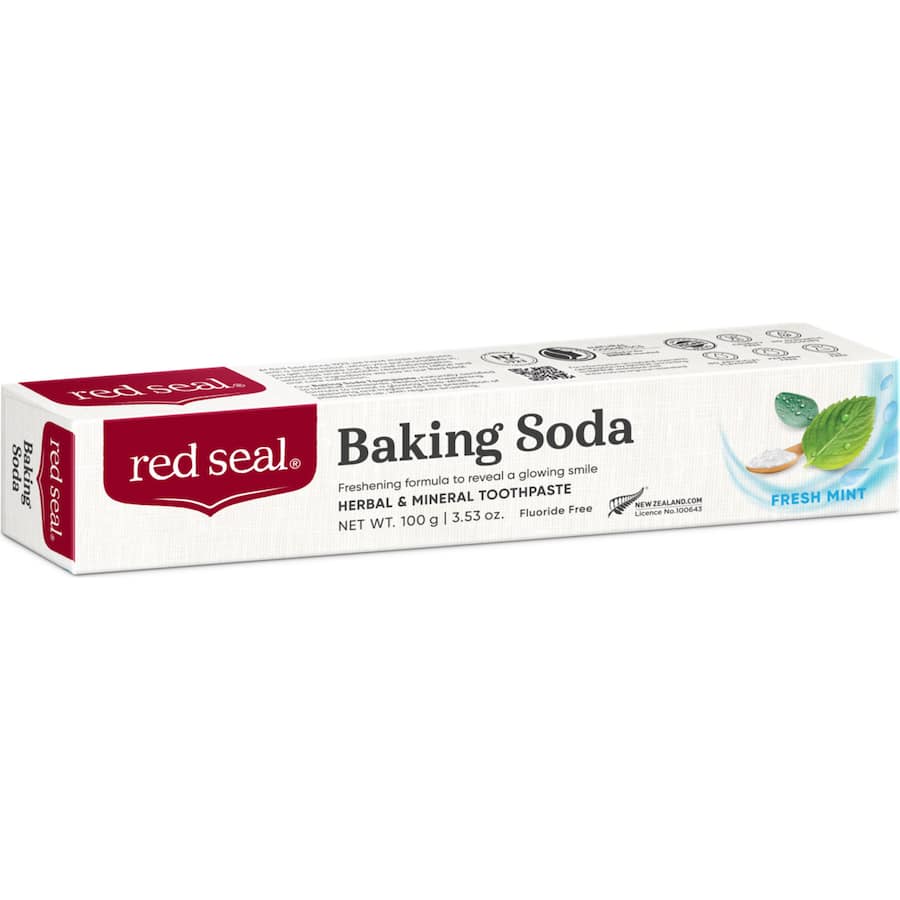 Red Seal Baking Soda Toothpaste tube showcasing natural ingredients, mint flavor, and a promise of cleaner, whiter teeth.