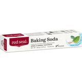 Red Seal Baking Soda Toothpaste tube showcasing natural ingredients, mint flavor, and a promise of cleaner, whiter teeth.