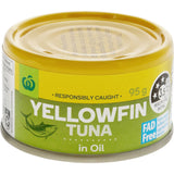 Woolworths Tuna Yellowfin Chunks in Oil, 95g can featuring premium, moist tuna ideal for salads, sandwiches, and quick meals.