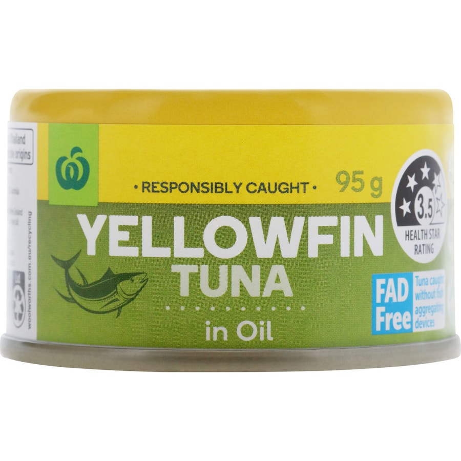 Woolworths Tuna Yellowfin Chunks in Oil, 95g can, featuring tender, flavorful tuna perfect for salads, sandwiches, and pasta.