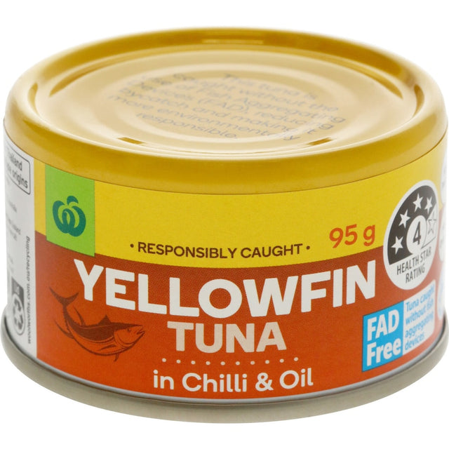 Woolworths Tuna Yellowfin in Thai Chilli & Oil, a flavorful canned tuna packed with protein and zesty spices, ideal for quick meals.