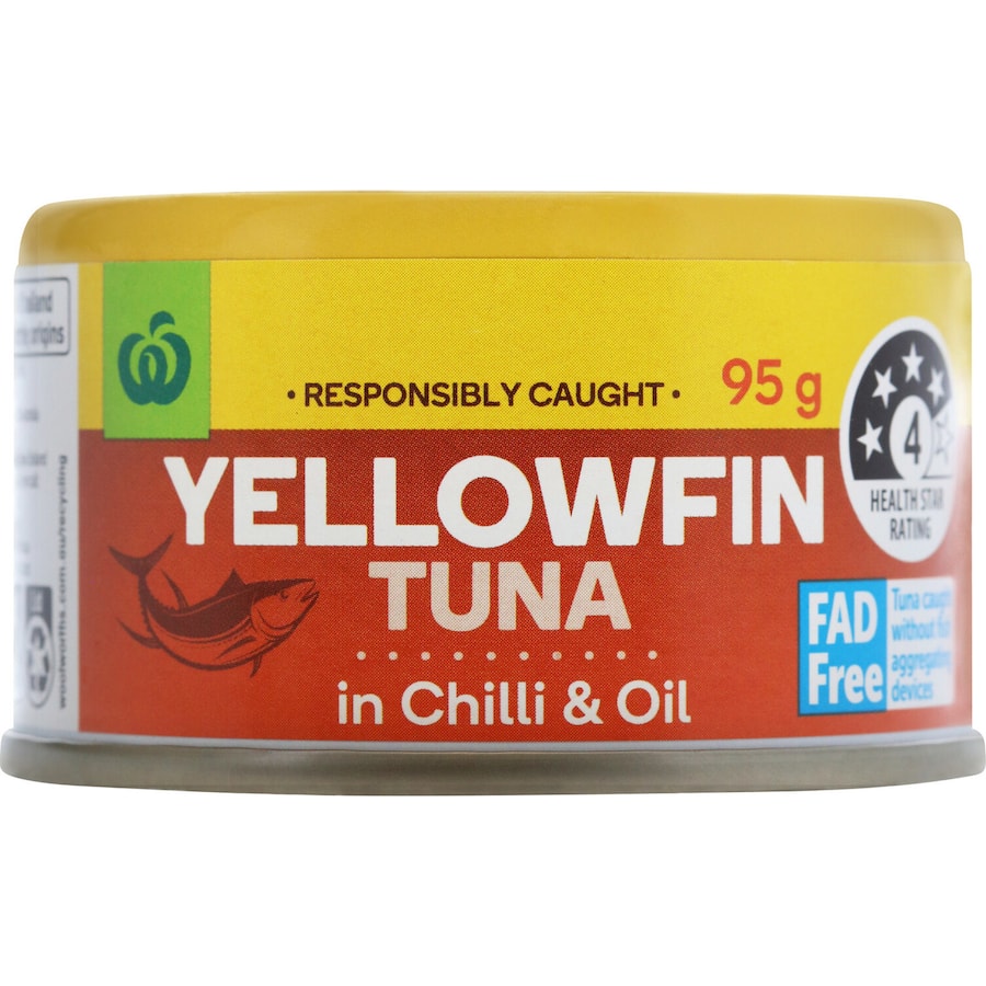 Woolworths Yellowfin Tuna in Thai Chilli & Oil: premium, spicy canned tuna perfect for salads, sandwiches, and quick meals.