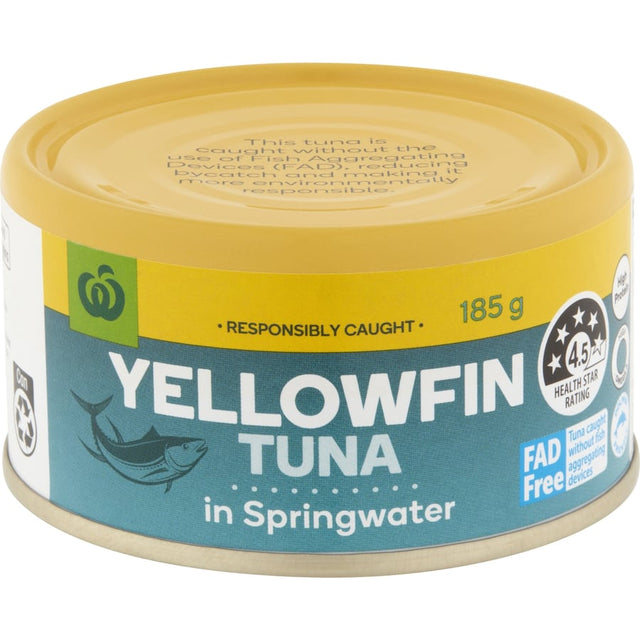 Woolworths Yellowfin Tuna Chunks in spring water, perfect for salads, sandwiches, and quick nutritious meals.