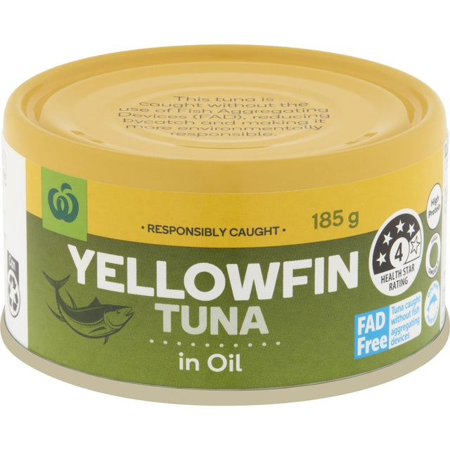 Woolworths Tuna Yellowfin in Oil, 185g can, rich flavor, high in protein, perfect for quick meals and versatile recipes.