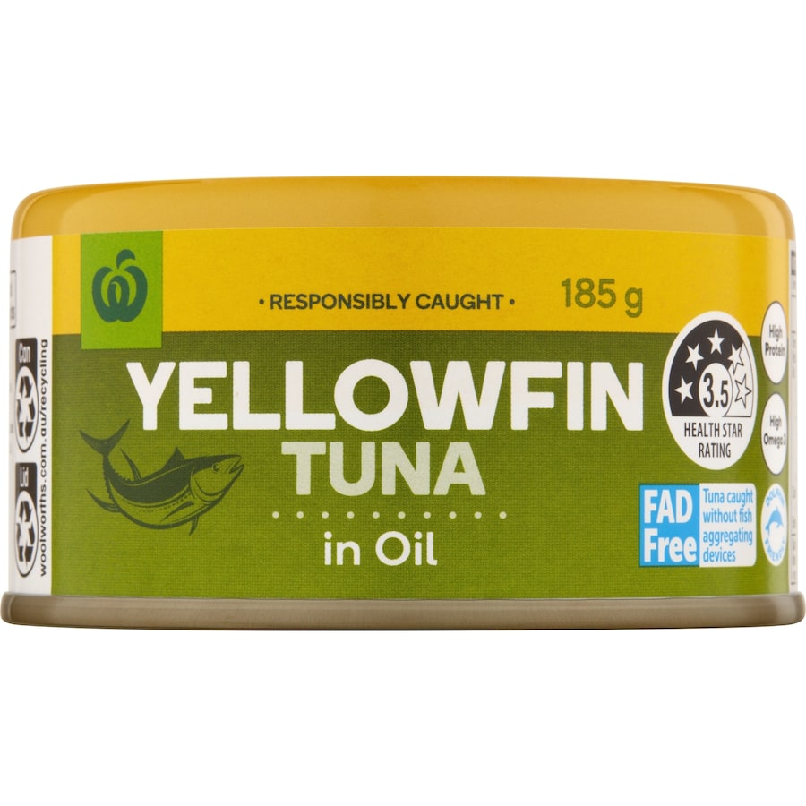 Woolworths Tuna Yellowfin in Oil can, showcasing premium tuna for quick, nutritious meals and easy meal prep.