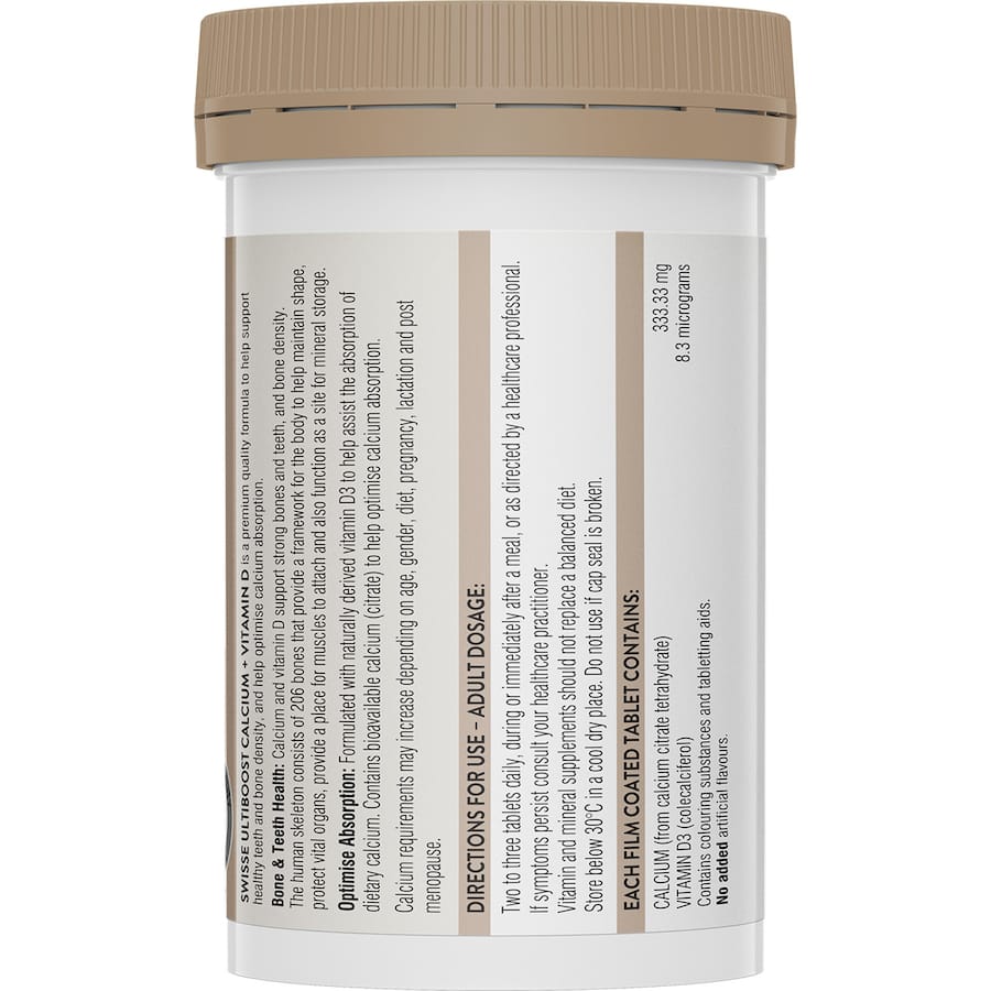 Swisse Ultiboost Calcium Plus Vitamin D tablets support bone health, enhance calcium absorption, and promote healthy teeth.
