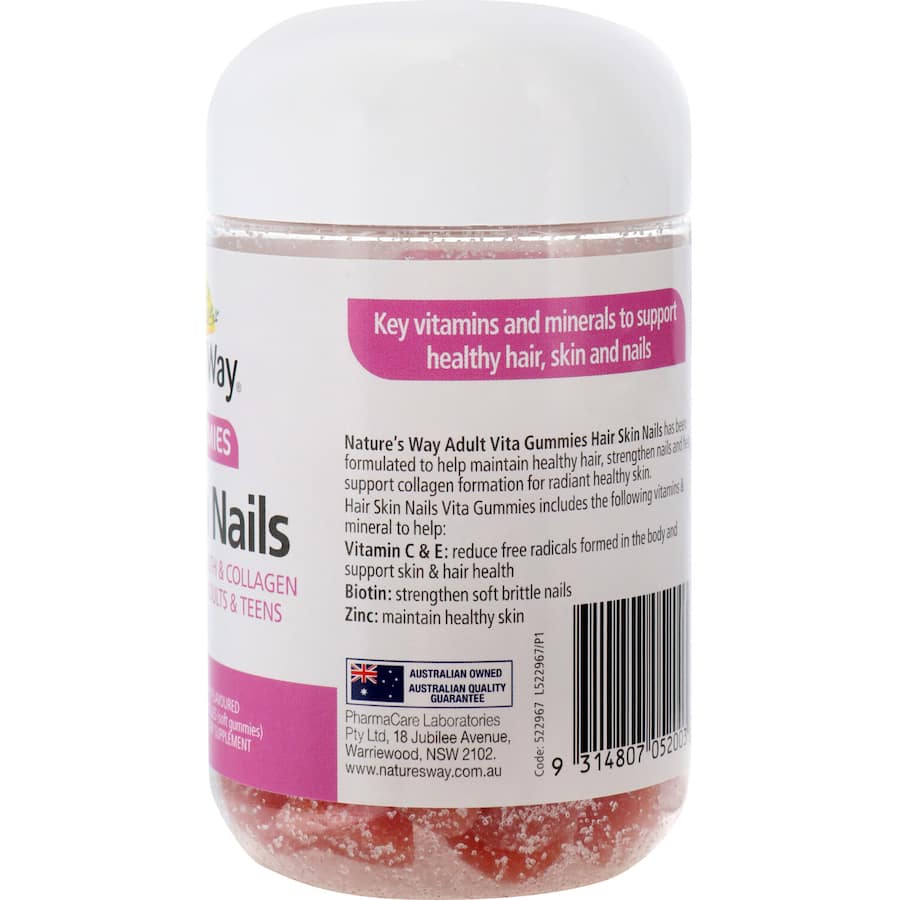 Berry-flavored gummies from Nature's Way promoting vibrant hair, resilient nails, and radiant skin with essential vitamins.
