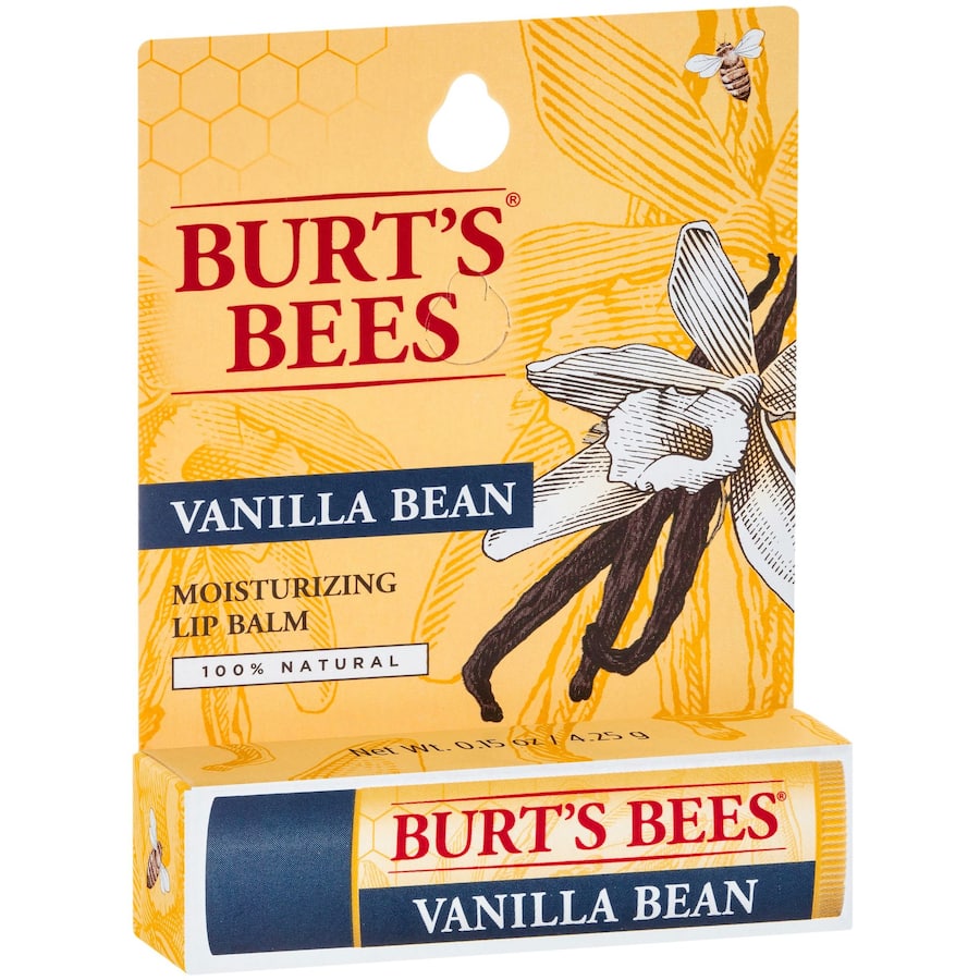 Burt's Bees Vanilla Bean Lip Balm, a hydrating, natural lip treatment that softens and protects with a delightful vanilla flavor.