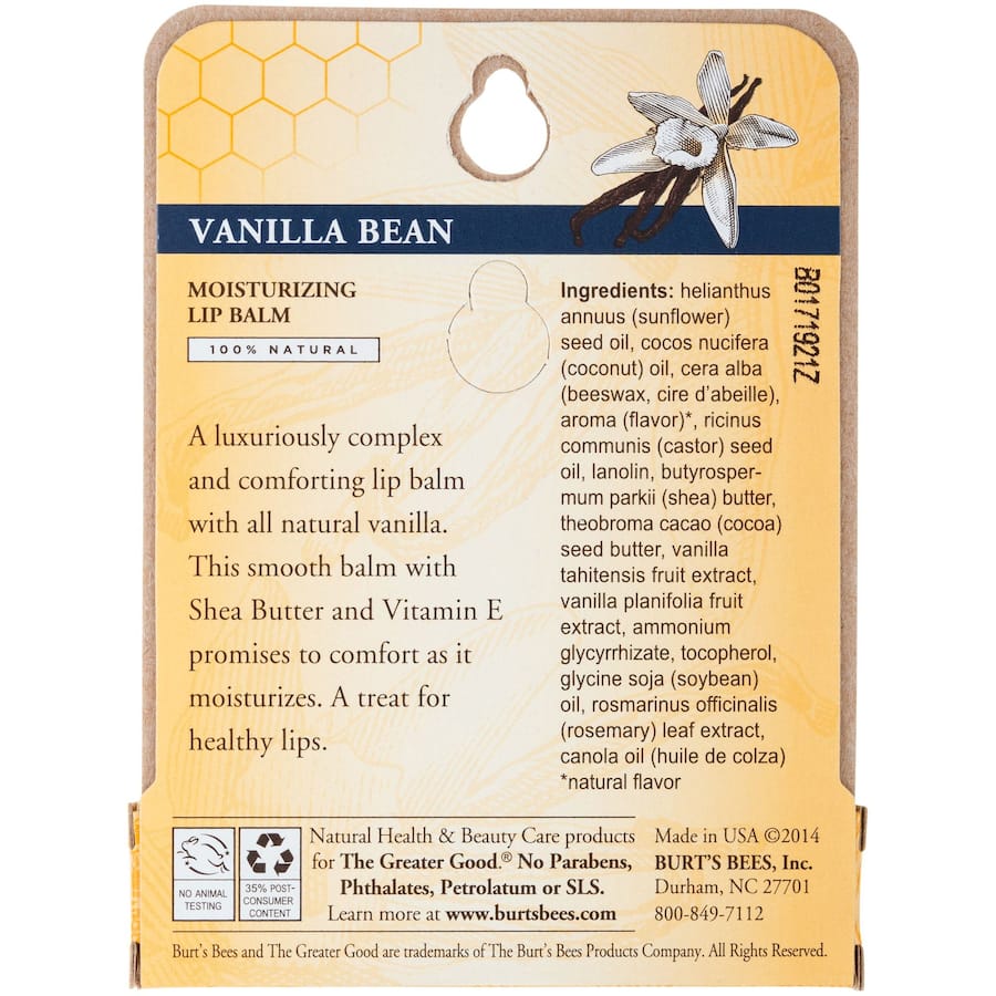 Burt's Bees Vanilla Bean Lip Balm: a hydrating treat with natural ingredients for soft, smooth, and protected lips.