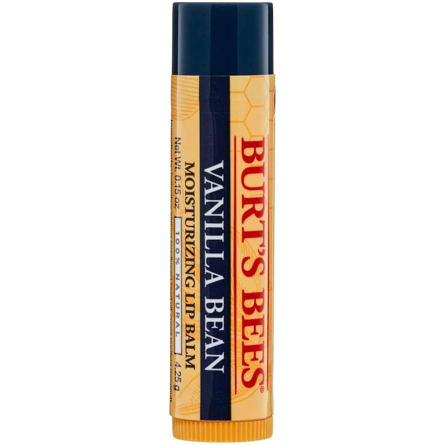 Burt's Bees Vanilla Bean Lip Balm, nourishing formula for soft, smooth lips with a delightful vanilla flavor.