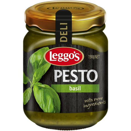 Leggo's Pesto Traditional Basil, a rich blend of basil, Parmesan, and pine nuts, perfect for pasta, bruschetta, and dips.