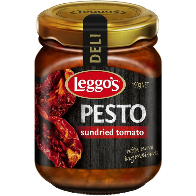 Leggo's Pesto Sundried Tomato sauce enhances meals with a zesty blend of sundried tomatoes, basil, and nuts.