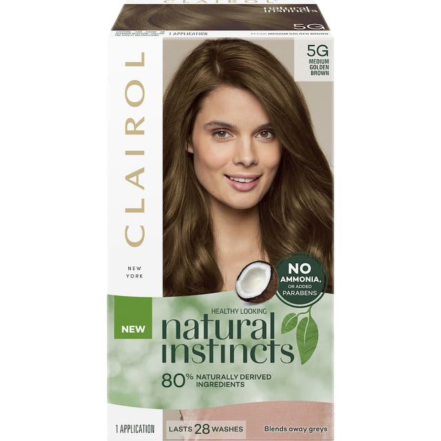 Clairol Natural Instincts Medium Golden Brown hair dye featuring 80% natural ingredients for vibrant, healthy color.