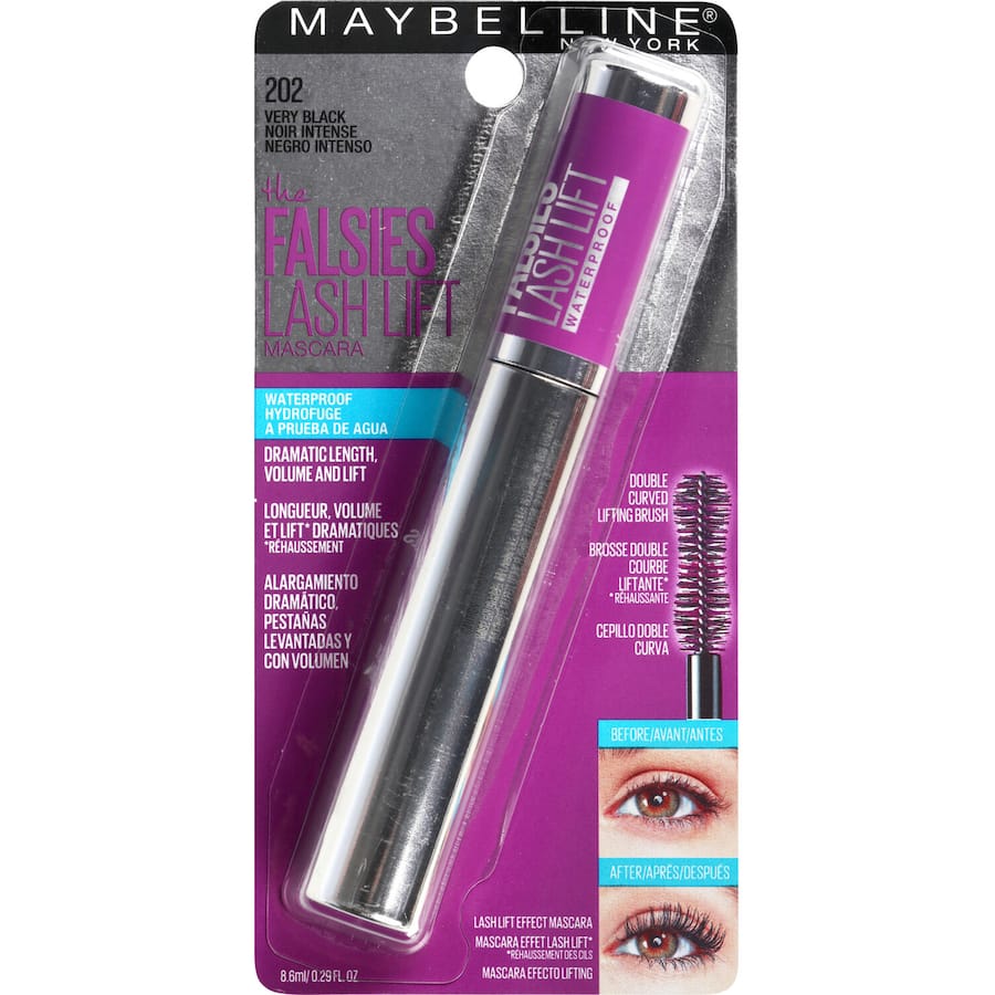 Maybelline The Falsies Lash Lift Waterproof Mascara creates dramatic, voluminous lashes with a unique lifting brush and fiber-infused formula.