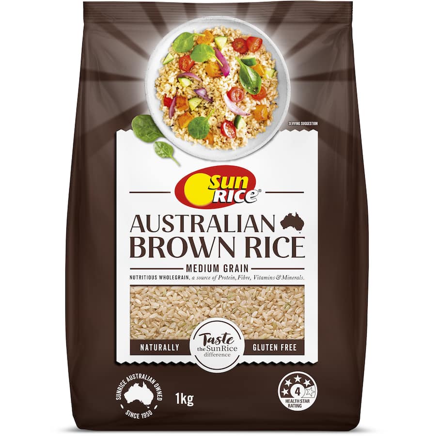 Sunrice Brown Rice Medium Grain: Nutty, gluten-free rice rich in fiber and protein, perfect for versatile healthy dishes.