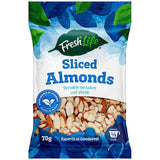 Sliced Freshlife almonds showcasing their natural texture and health benefits in a clear package.