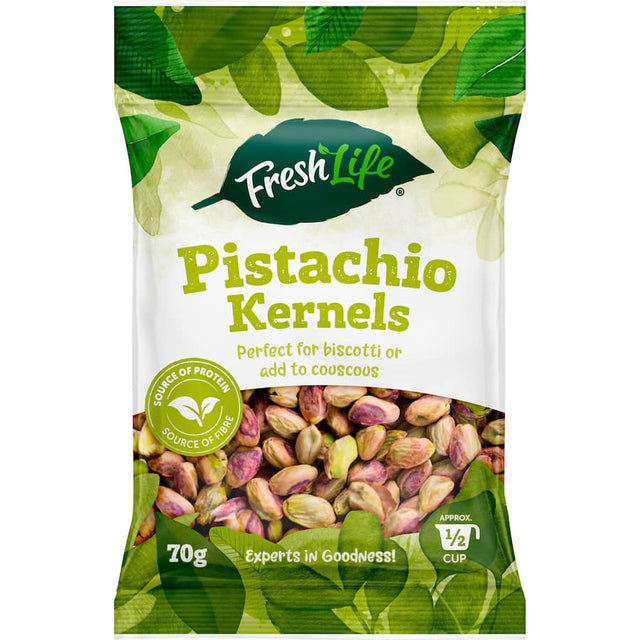 Freshlife Pistachio Kernels in a bag highlighting their rich flavor, protein content, and health benefits for snacks and recipes.