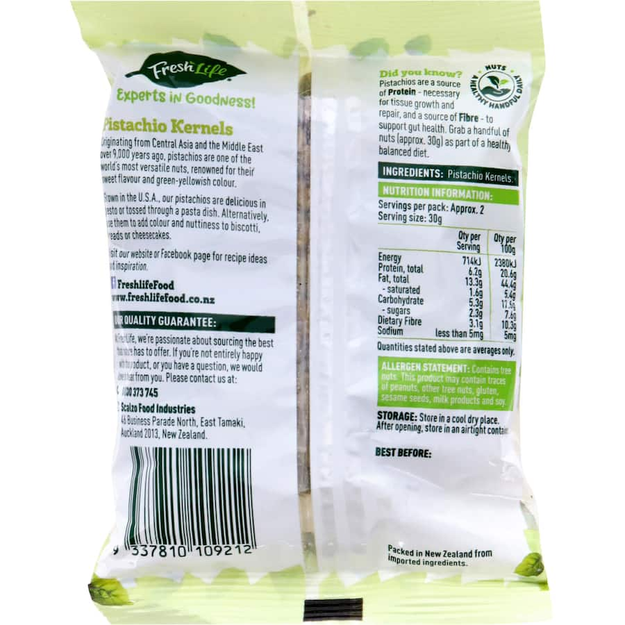 A bag of Freshlife Pistachio Kernels, showcasing their rich color and texture as a nutritious, crunchy snack option.