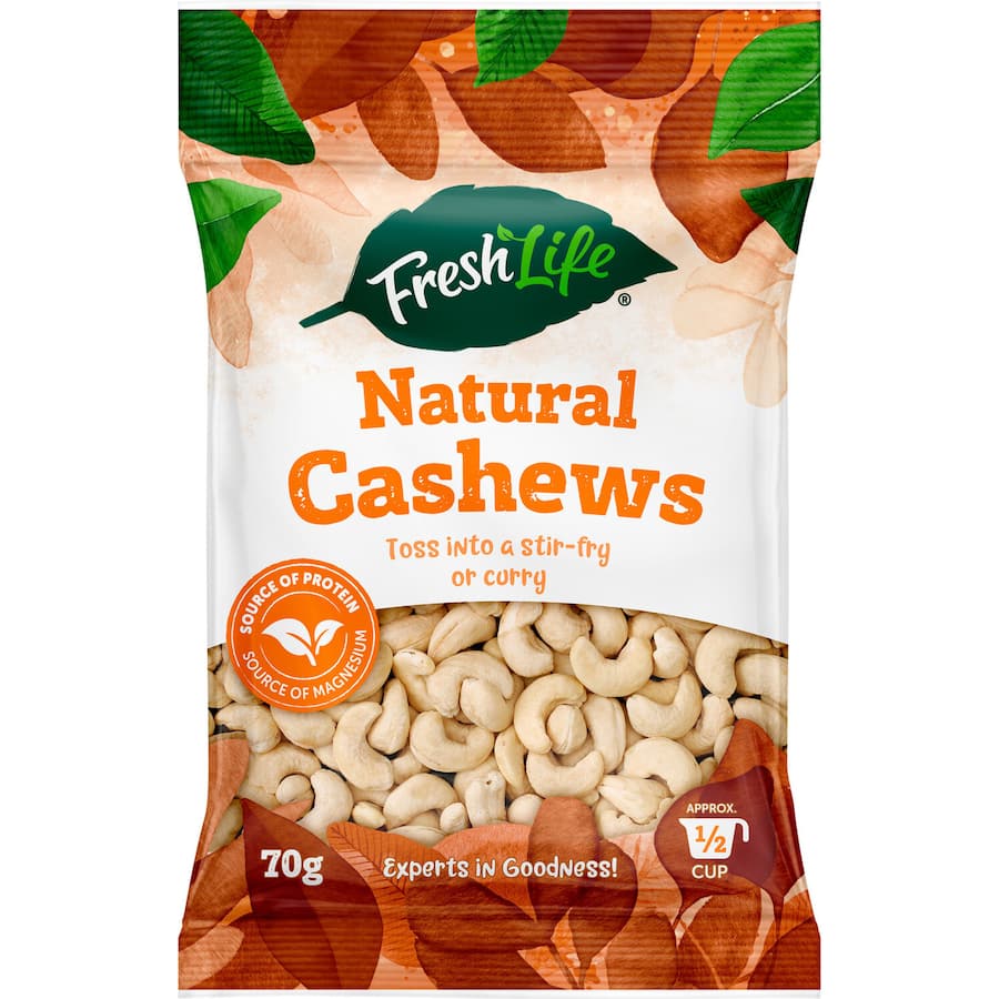 A close-up of Freshlife Natural Cashews, showcasing their crunchy texture and nutrient-rich goodness for healthy snacking.