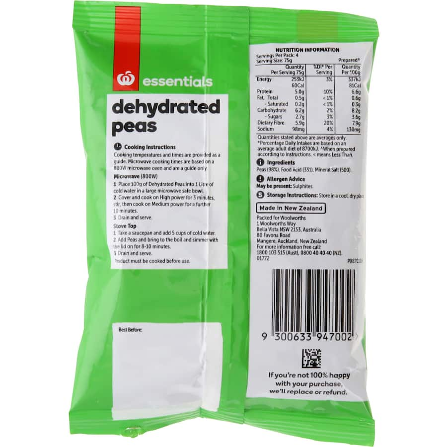 Dehydrated peas in a 100g pack, rich in fiber and free from artificial additives, ideal for enhancing soups and stews.