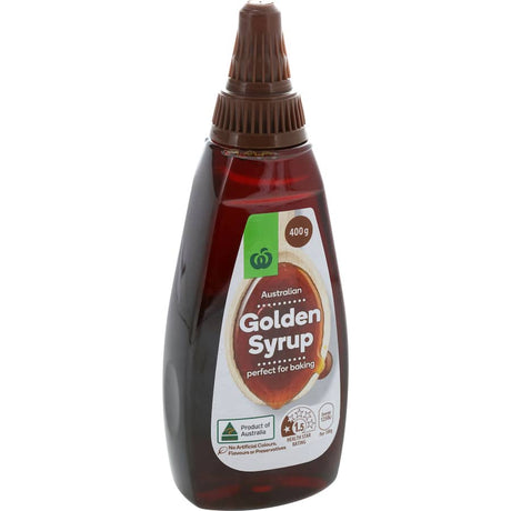 Woolworths Golden Syrup bottle, perfect for baking cookies, cakes, and pancakes with rich Australian sweetness.