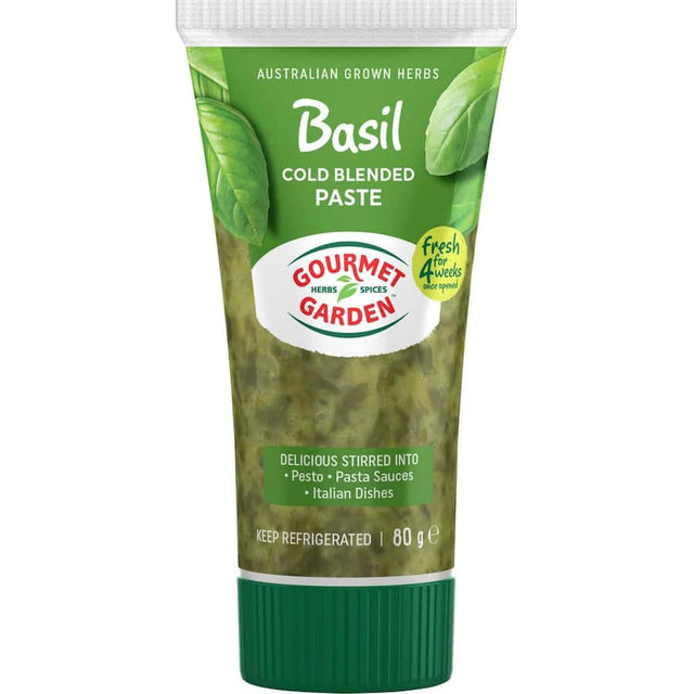 Gourmet Garden Fresh Vegetable Basil Paste in a convenient tube, perfect for enhancing dishes with vibrant basil flavor.