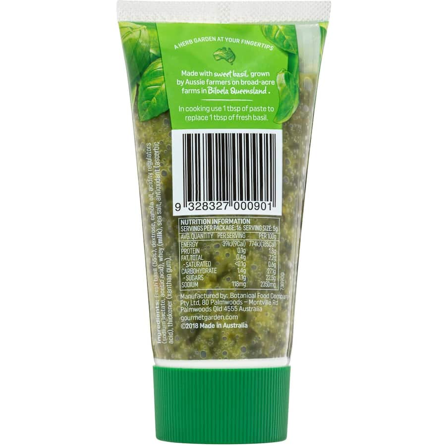 Gourmet Garden Fresh Vegetable Basil Paste in a tube, crafted for vibrant flavor and easy use in various dishes.