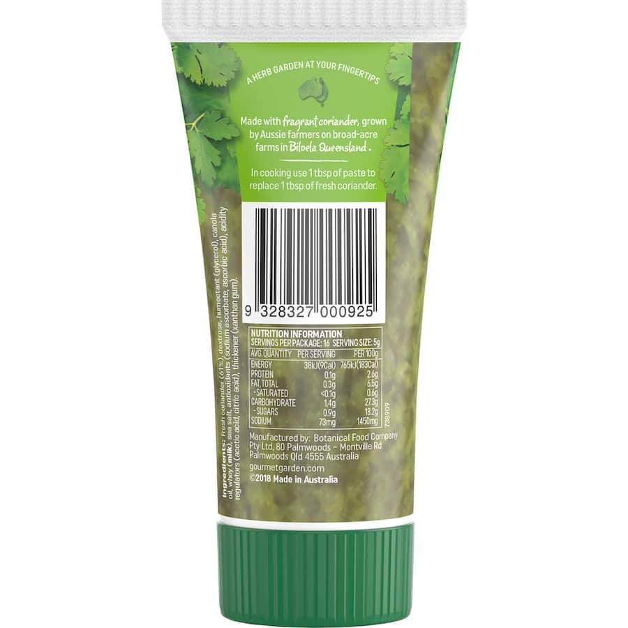 Gourmet Garden Fresh Vegetable Coriander Paste in a convenient tube, perfect for enhancing dishes with bold, fresh flavor.