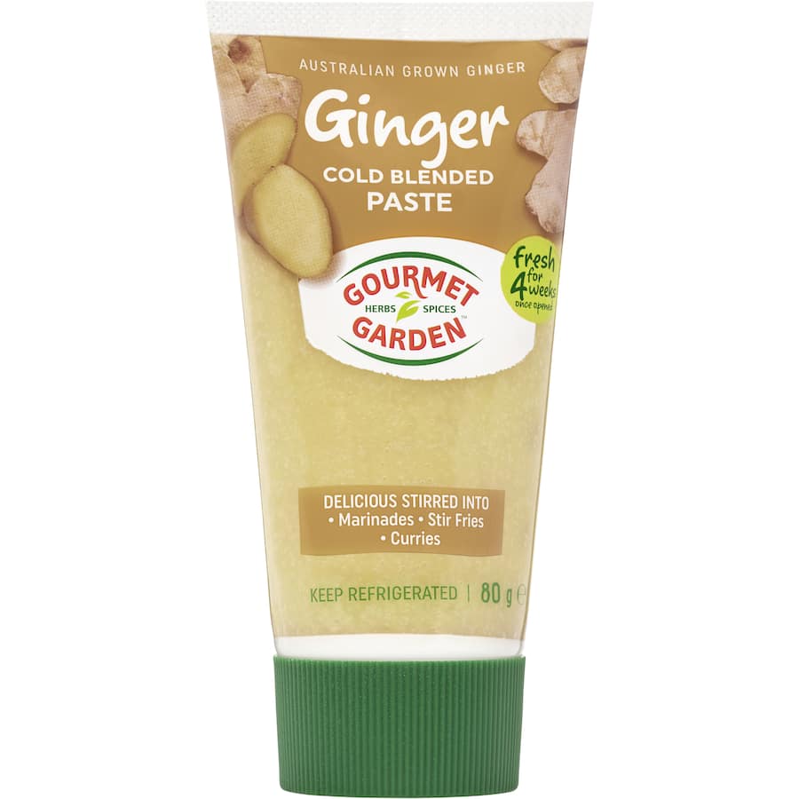 Gourmet Garden Fresh Vegetable Ginger Paste in a jar, showcasing vibrant organic ginger for flavorful cooking.