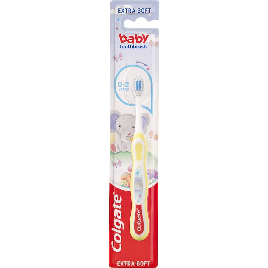 Brightly colored Colgate Kids Baby Toothbrush with extra soft bristles, designed for toddlers 0-2 years.