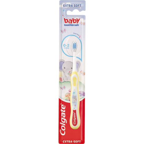 Brightly colored Colgate Kids Baby Toothbrush with extra soft bristles, designed for toddlers 0-2 years.