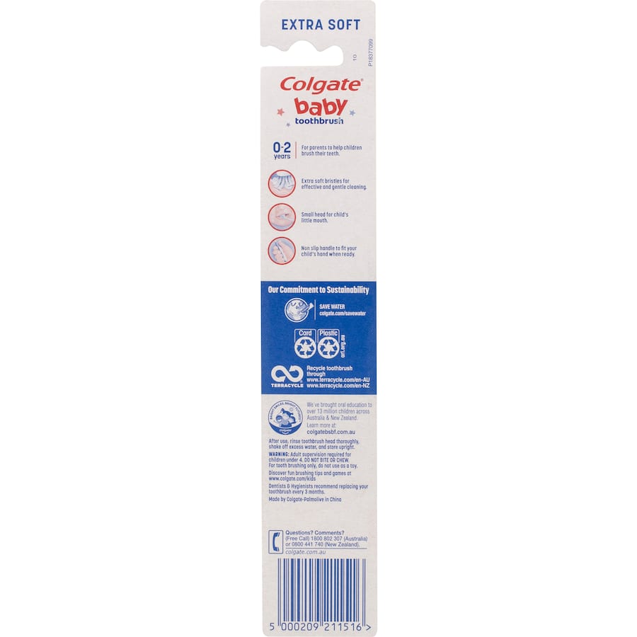 Colgate Kids Baby Toothbrush for ages 0-2, featuring extra soft bristles, small head, and non-slip handle for gentle brushing.