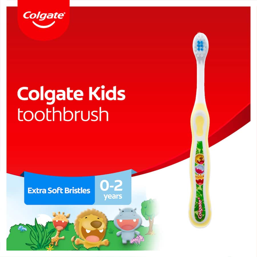 Brightly colored Colgate Kids Baby Toothbrush with extra soft bristles, designed for toddlers 0-2 years for gentle cleaning.