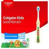Brightly colored Colgate Kids Baby Toothbrush with extra soft bristles, designed for toddlers 0-2 years for gentle cleaning.