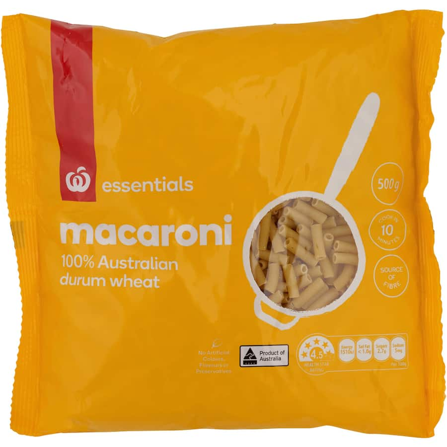 Essentials Pasta Macaroni made from 100% Australian durum wheat, perfect for mac 'n cheese and fiber-rich meals.