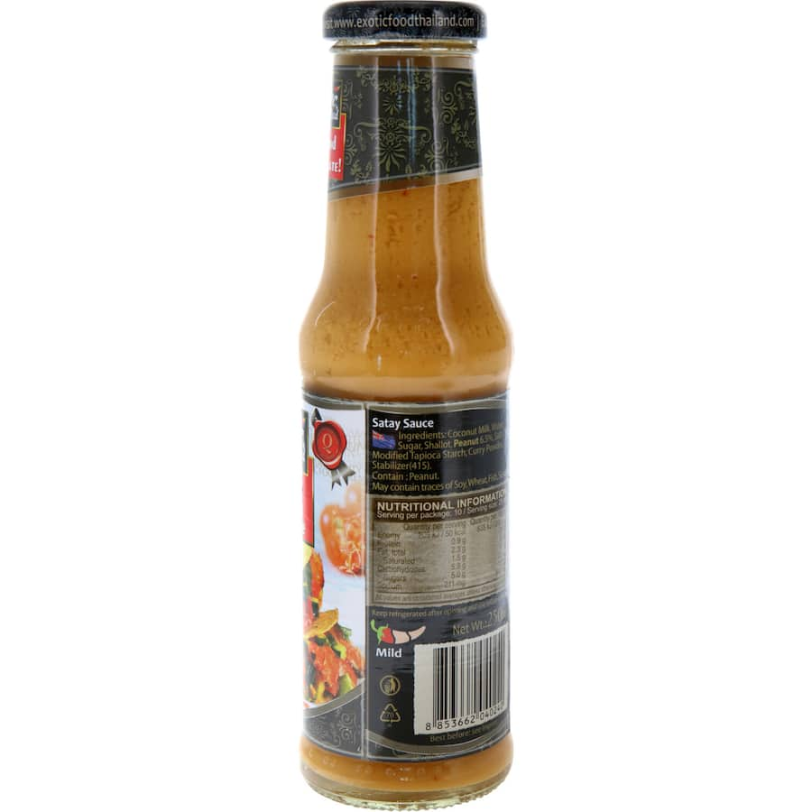 Bottle of Exotic Food Asian Satay Sauce showcasing rich flavors for marinating, dipping, or stir-frying dishes.