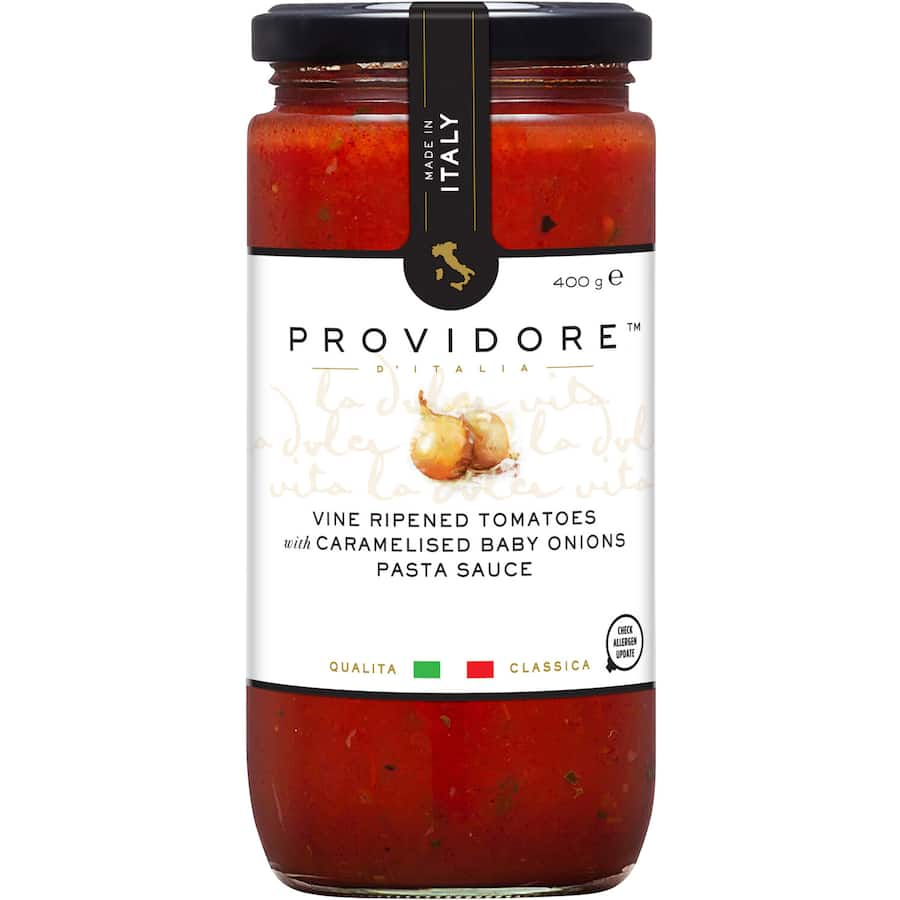 Rich tomato and caramelised onion pasta sauce, crafted with sweet borettane onions and herbs for enhanced flavors.