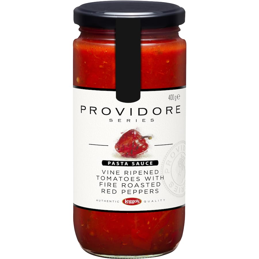 Gourmet Providore Pasta Sauce with tomato and roasted red pepper, blending Italian and Spanish flavors for versatile meals.