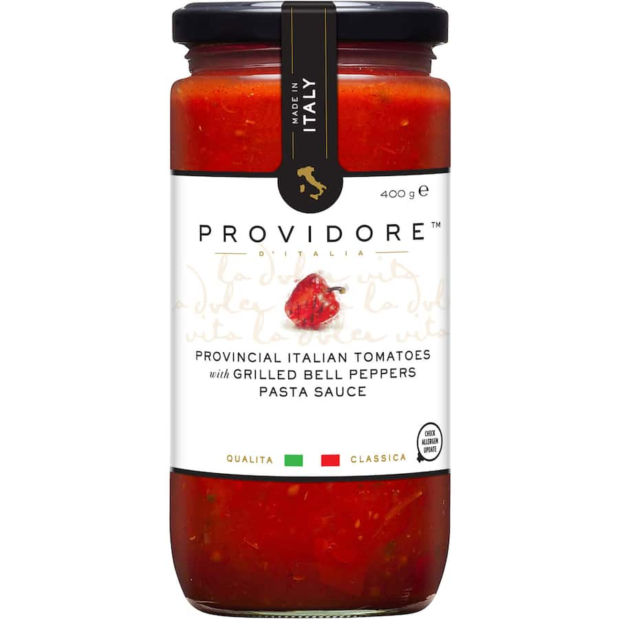 Gourmet pasta sauce with sweet tomatoes and smoky roasted red peppers, perfect for pasta and pizza.