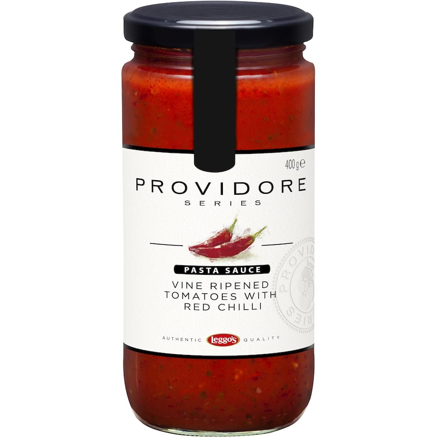 Providore Pasta Sauce Tomato & Red Chilli: gourmet sauce with vibrant tomatoes, mild red chilli, and fresh parsley for Italian dishes.