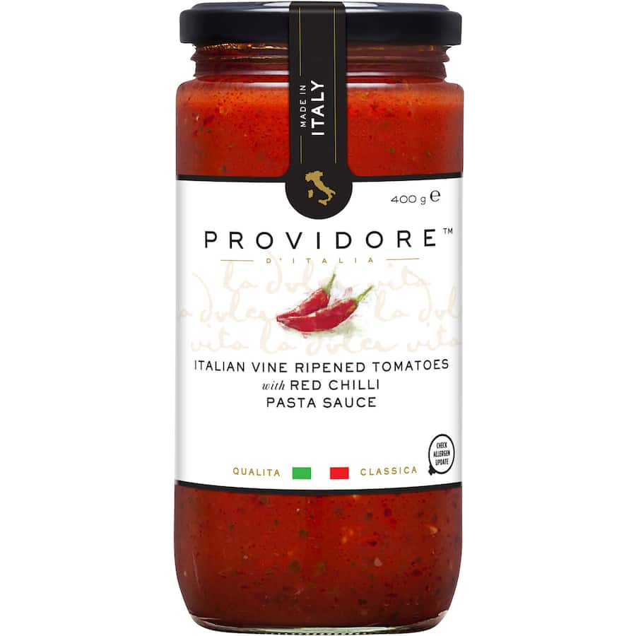 Providore Pasta Sauce Tomato & Red Chilli featuring vibrant tomatoes, mild red chilli, and parsley for a rich, balanced flavor.