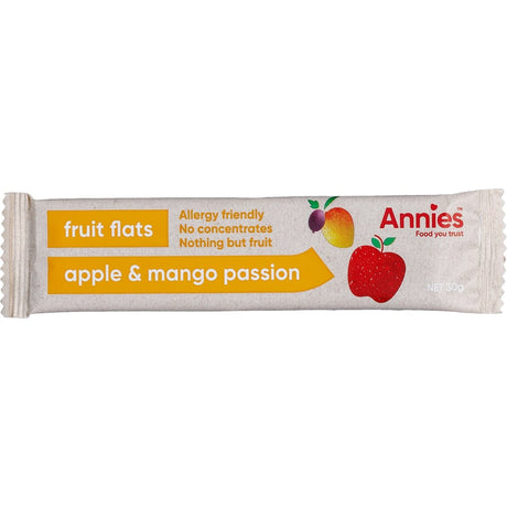 Annie's Fruit Bar Apple & Mango Passion, a convenient, tasty snack made from whole fruit with no added sugars or artificial ingredients.