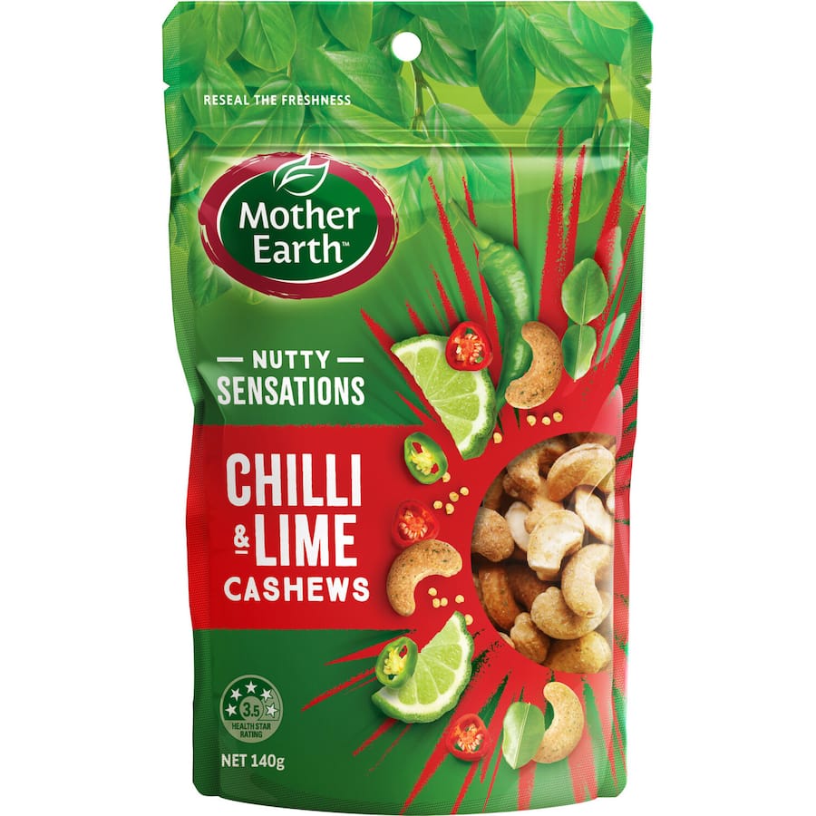 A resealable bag of Mother Earth Premium Nut Chilli & Lime, featuring crunchy nuts with zesty lime and spicy chili.